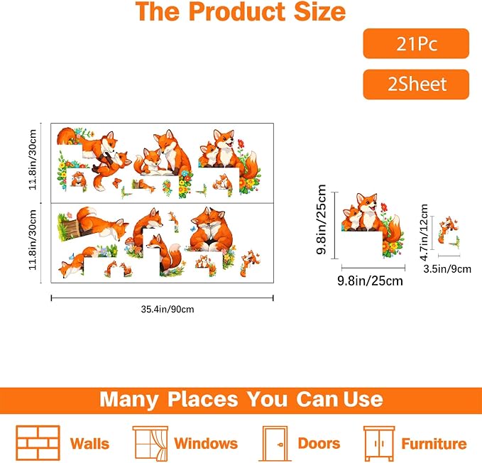 PLIGREAT 21 Pcs Cute Fox Wall Stickers, Cartoon Animal Wall Decals for Door Peel and Stick Vinyl Fox Switch Stickers for Nursery Bedroom Living Room Bathroom Home Door Corner Decor - Image 3