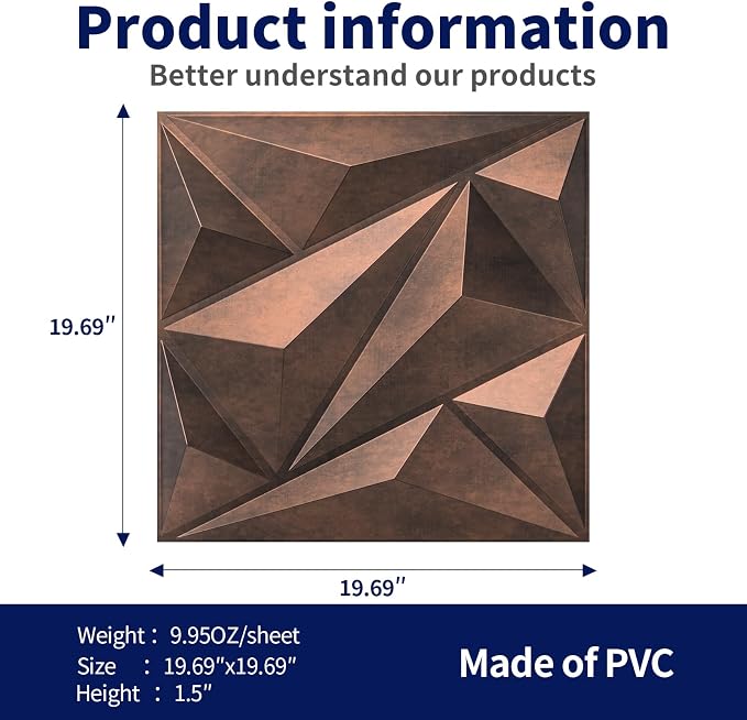 Art3dwallpanels 3D Wall Panels Diamond, PVC Antique Copper | 3D Raised Diamond Wall Tiles, Waterproof Fireproof, 12 Sheets Large Size Pack, Easy DIY Install for Bedroom Living Room Wall - Image 2