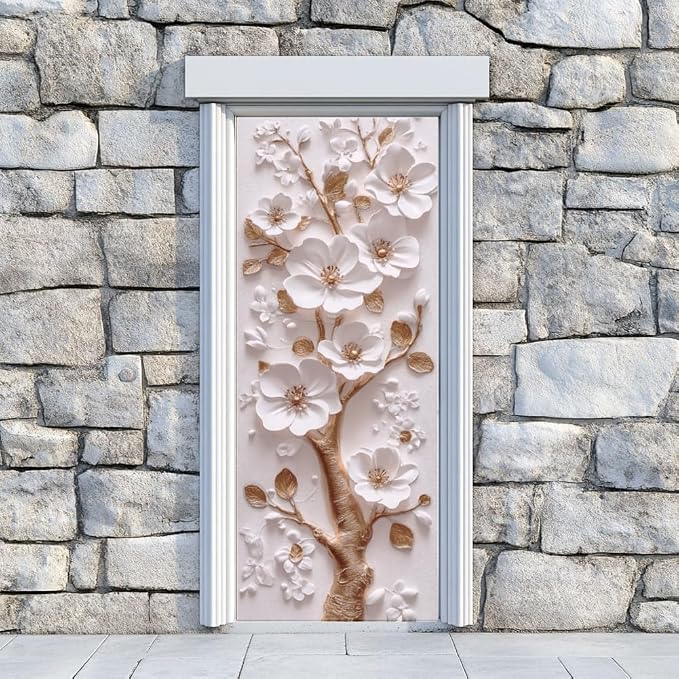arricraft 2 Pcs Self-Adhesive Door Sticker, 31.5"x78.7" 3D Flower and Golden Branch Door Murals Stickers PVC Removable Wallpaper Decoration for Bedrooms ​Living Room - Image 8