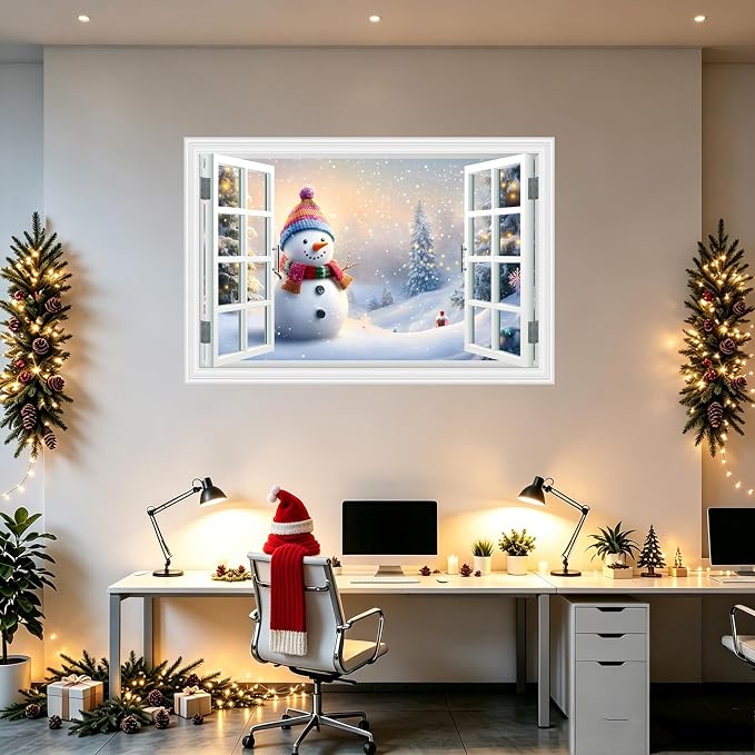 Fake Window Wall Decal - Merry Christmas Snowman Conifer Snow Scene Sticker | ｜Faux Window Merry Christmas Wall Art Mural ｜ Stick and Peel Wall Decals｜for Xmas Room Office Decor｜48"x32",Set of 2 Sheets - Image 3