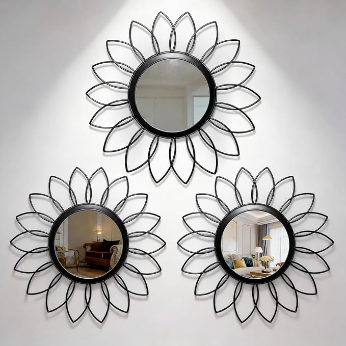 Black Flower Mirror Set of 3, 3PCS Metal Round Decorative Wall Mirrors, Floral Petal Accent Mirror Wall Decor for Living Room, Bedroom, Entryway & Bathroom by HMANGE