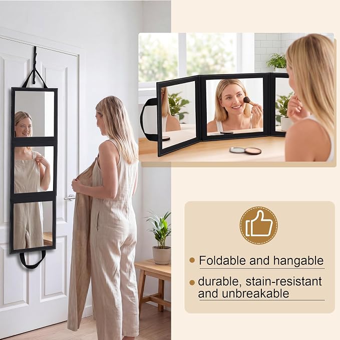 Novabright 3-Panel Over The Door Full Length Mirror, Foldable Hanging Acrylic Body/Makeup Mirror with Height Adjustable Hook for Bedroom Closet Bathroom, Dance Travel Camping (Black) - Image 7