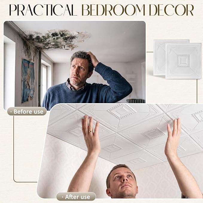 Nuanchu 40 Pcs 13.8 x 13.8 Inch Ceiling Tiles Peel and Stick, Modern | Foam White 3D Wall Panels 26-105.5 Sq. ft Adhesive Glue up Waterproof Wallpaper for DIY Office Home - Image 4