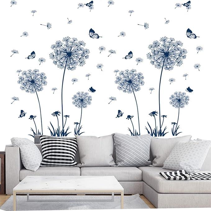Arawat 2 Set Dandelion Wall Decals Peel and Stick Blue Dandelion Wall Stickers Large Floral Wall Stickers & Murals Flower Wall Decals for Living Room Bedroom Bathroom Restroom Roommates Vinyl Wall Art - Image 3