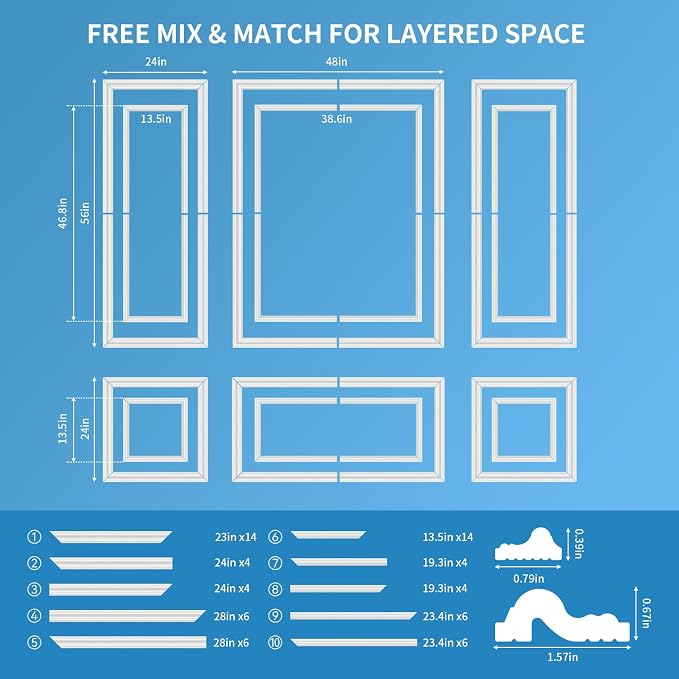 6 Set Peel and Stick Wall Molding Kit，Pre-Cut Bilinear Frame Panels | Premade Wainscoting Panels for Interior Wall Decor，Ready-to-Assemble Glue-On Wall Trim for Living Room Bedroom Corridor - Image 3