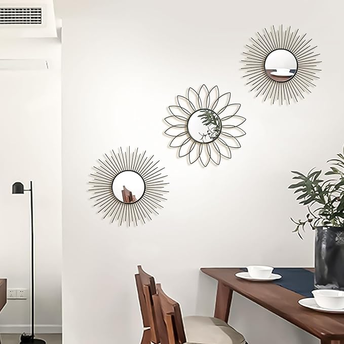 3 Pack Metal Mirrors for Wall Sunburst Wall Mirrors Home Décor Decorative Hanging Wall Art for Living Room Bedroom Entryway (Black2, Flower+Sunburst) - Image 5