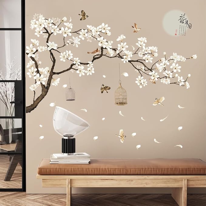 Large Chinese Style White Flowers Wall Stickers with Black Tree Flying Birds Wall Decals, Removable DIY Wall Art Decor Murals for Offices Living Room Bedroom Study Room Home Walls Decoration, 50x74in - Image 3