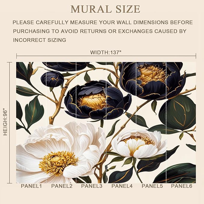 MFWFM Floral Peel and Stick Wallpaper Large Peony Botanical Wall Murals | 137"x96", for Bedroom Living Room Bathroom, Self Adhesive Canvas - Image 3