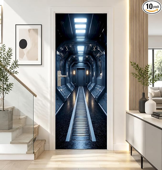 Sci Fi Corridor Door Mural, Futuristic Space Door Cover | Waterproof PVC, 30.3" W x 78.7" L; futuristic corridor design for bedroom, game room, office or closet doors. by Cmialusie