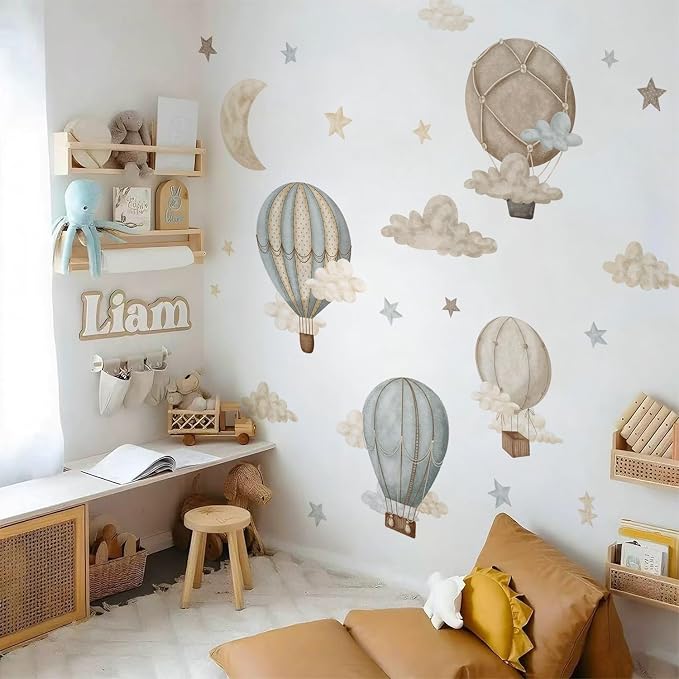 Watercolor Hot Air Balloon Fabric wall Sticker Peel and Stick Stars Clouds Decals for Baby Nursery Kids Bedroom Playroom Decor - Image 7