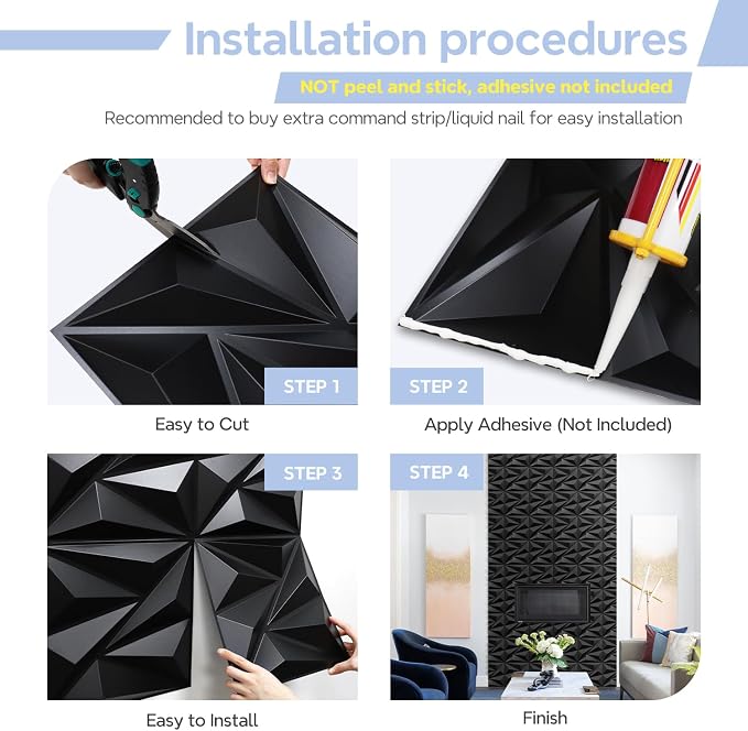 STICKGOO Black Diamond 3D Wall Panels, 12''x12'', 33 Pack | PVC Accent Wall Panels for Interior Wall Decor, Living Room, Bedroom, TV Background, Lobby, Cover 32.Sq.Ft - Image 7