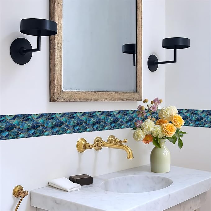 Blue Geometric Mosaic Wallpaper Border 196x4 Inch Peel and Stick Wall Border Removable Vinyl Wall Trim Modern Pattern for Kitchen Bathroom Laundry Room Home Decor - Image 5