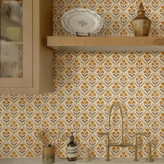 Dimoon 787.4"x17.3" Peel and Stick Wallpaper Floral Cute Contact Paper Vintage Village Country Cottage Wallpaper Farmhouse Yellow Beige Renter Friendly Geometry Waterproof Embossed Kitchen Bedroom by DIYYOURMOON