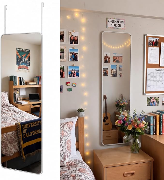 Thyle Over The Door Mirror 16x48'' Full Length Dorm White Mirror with Adjustable Hooks Wall Mounted for College School Classroom Affirmation Station Back Door Bedroom Entryway Long Body by Thyle