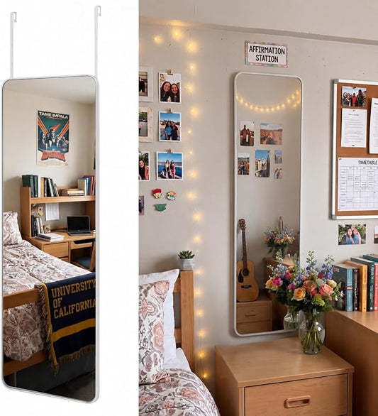 Thyle Over The Door Mirror 16x48'' Full Length Dorm White Mirror with Adjustable Hooks Wall Mounted for College School Classroom Affirmation Station Back Door Bedroom Entryway Long Body by Thyle