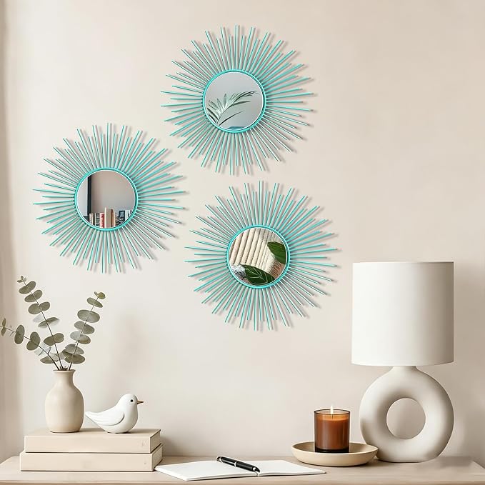 3 Pack Metal Mirrors for Wall Sunburst Wall Mirrors Home Décor Decorative Hanging Wall Art for Living Room Bedroom Entryway (Greenish Blue, Sunburst) - Image 5