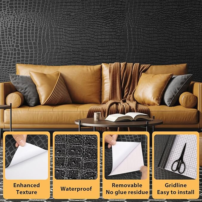 Arthome 17"×120" Black Crocodile Peel and Stick Wallpaper, Charcoal Black Alligator Textured Contact Self-Adhesive Waterproof Embossed Easy Peel Off Wallpaper for Cabinet Bedroom Bathroom - Image 2