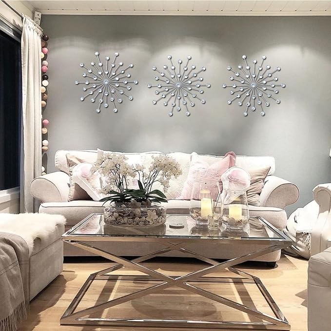ZEXUIRU 3 Set Silver Starburst Wall Art for Home Decor Metal Bling Crystal Rhinestones Sunburst Wall Decor Sparkling Rhinestone Art Accent Silver - 13in - Image 2