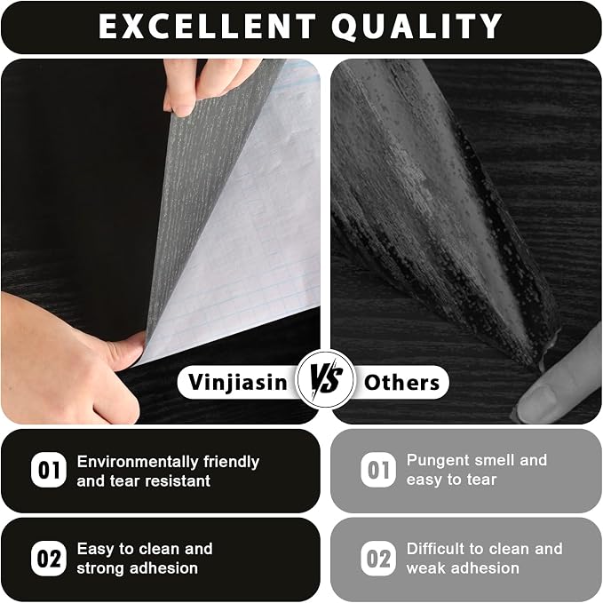 Vinjiasin Black Wallpaper Wood Grain Contact Paper Peel and Stick Wall Paper Waterproof Self Adhesive Thickened Vinyl Wrap for Countertops Cabinets Desk Decorative Film Easy to Clean 15.7" x 118" - Image 5