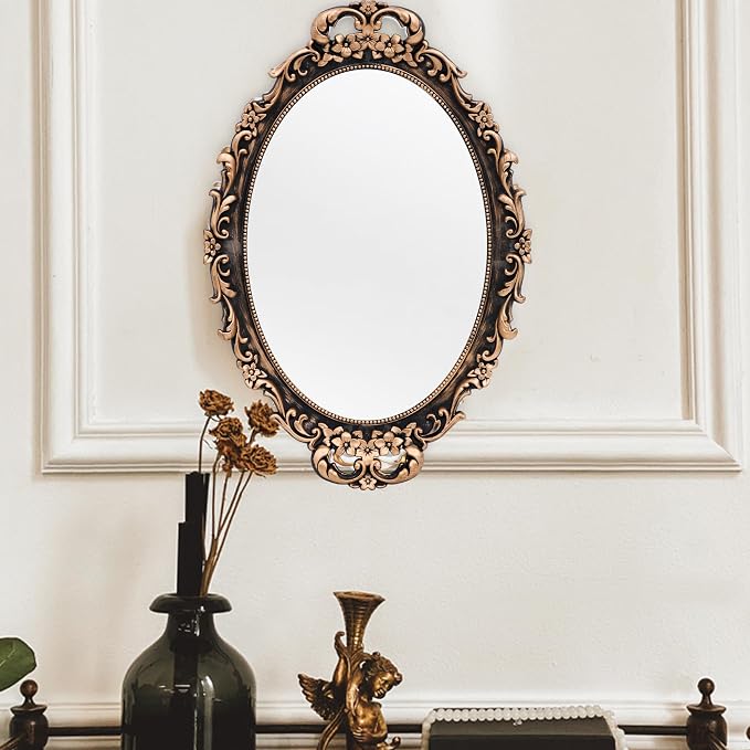 Tstarer Vintage Decorative Gold Framed Mirror, Wall Hanging Mirrors & Tabletop Tray for Bedroom Living Room Dresser Decor, Oval- 9.6" W x 14.3" L (Bronze) - Image 3