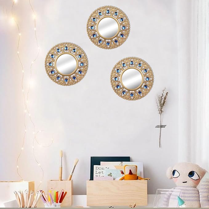 DXYAKY Gold Round Decorative Wall Mirrors Set of 3, Lightweight Plastic Framed Mirrors with Blue Crystal Accents, 9.8 Inch Vintage Boho Wall Decor for Livingroom, Bedroom, Entryway - Image 7