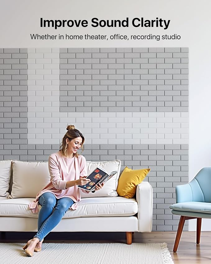 Soundsbay 18-Pack Brick Acoustic Panels, Self-Adhesive, 12"X12" | Covers 17.4 sq ft, 150kg/m³ High-Density Polyester, Soundproof Wall Panels for Recording Studio, Home Theater, Office Gray - Image 4