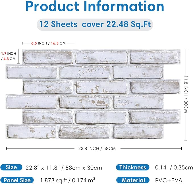 COMSTICKC 3D Faux Brick Wall Panels Peel and Stick, 12 Pcs 22.8" x 11.8" | Whitewash, Not Real Brick, Thin PVC 3D Fake Brick Decorative Tiles Wall Covering for Interior Easy DIY, Cover 22.48 sq ft - Image 5