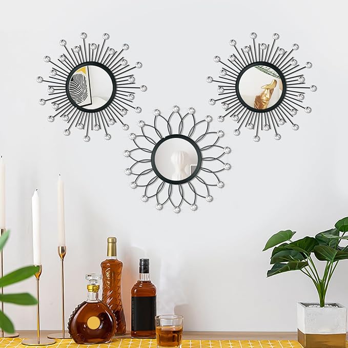 3 Pack Metal Mirrors for Wall Sunburst Wall Mirrors Home Décor Decorative Hanging Wall Art for Living Room Bedroom Entryway (Black Crystal, Flower+Sunburst) - Image 3