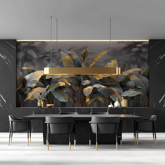 ASJ Tropical Peel and Stick Wallpaper Mural, Gold Leaf Banana Green | Seamless edge-to-edge match. Art deco dark palm tree artwork, 139x94 in, premium fabric, living room bedroom. - Image 6