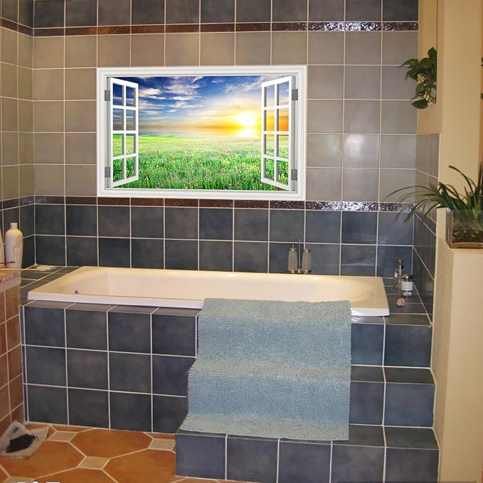 Fake Window Wall Mural Sticker -Summer Green Grassland Open Wall Art Decal | Faux Window Natural Scenery Landscape Decorations｜Stick and Peel Wall Decals｜Room Bedroom Office Decor｜48"x32",Set of 2 Sheet - Image 7