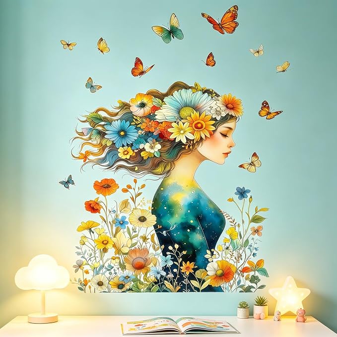 Woman Floral Flower Wall Decals, Boho Botanical Butterfly Wall Stickers | Whimsical botanical colorful butterflies peel and stick wall decor, removable vinyl wall art mural for bedroom living room - Image 4