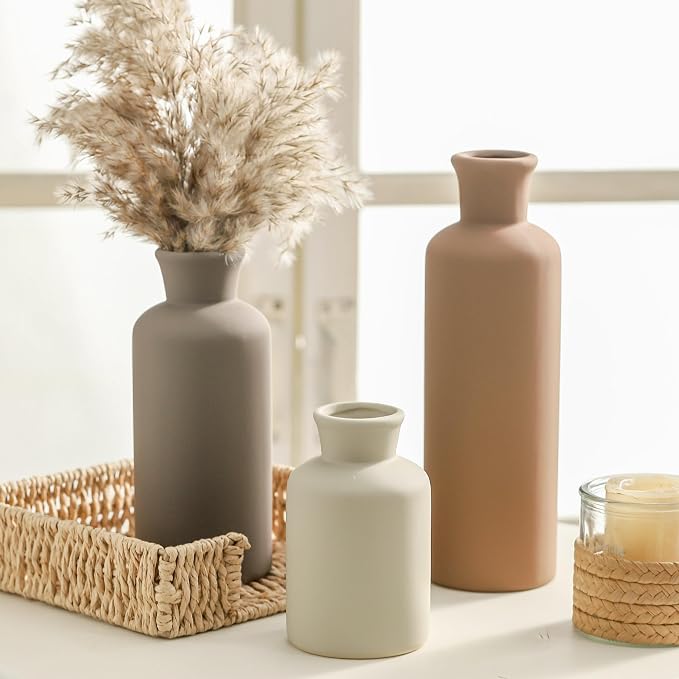 Ceramic Vase Set of 3, Flowers Neutral Modern Vases Home Decor Rustic Farmhouse Decor Pampas Vase for Table Mantel Entryway Shelf Living Room Kitchen Bathroom - Brown - Image 5