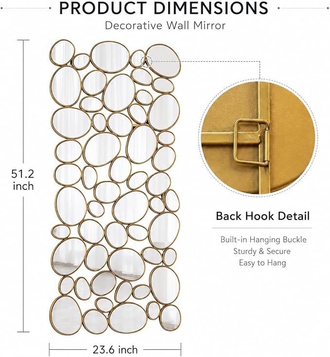 Gold Wall Mirrors Decorative - 51"x23" Large Modern Wall Mirror for Home Decor, 55 Pieces Multi-Size Pebble Design Metal Framed Accent Mirror for Entryway Bedroom Living Room Wall Art Decor - Image 2