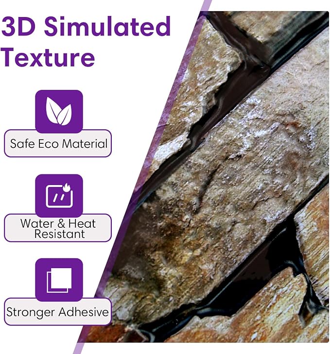 3D Peel and Stick Faux Stone Wall Panels 11.8" x 11.8" 10-Pack | Brown with Green, Stone-Look Textured Wall Sticker, Thin PVC Self Adhesive Wall Tiles for Interior Decor, Cover 9.7 sq ft - Image 3