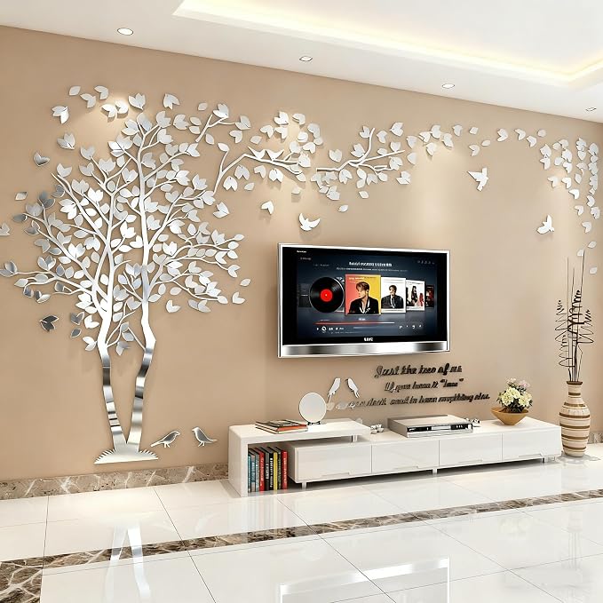 Family Tree Wall Decor Decals - DIY 3D Tree of Life Wall Art Large Decal Stickers Silver Decor Living Room Mural for Bedroom Hallway Home TV Background (Silver Left,L-118X60in) - Image 2