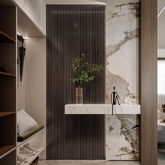 YLL YLL PVC Slat Wall Panel Peel and Stick 236"x 15.7" Faux Smoked Wood Grain Slat Panel Self-Adhesive Wallpaper Soundproof 3D Wall Panels - Image 2