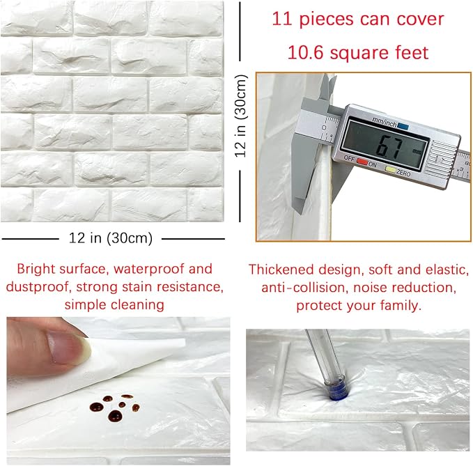 11PCS 3D Wall Panels Peel and Stick Faux Brick Wallpaper White Self Adhesive Foam Brick Paneling Faux Stone Wall Panels (11PCS, White) - Image 5