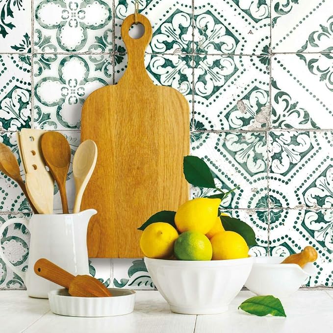 RoomMates RMK11281WP Forest Green Mediterranean Tile Peel and Stick Wallpaper by RoomMates