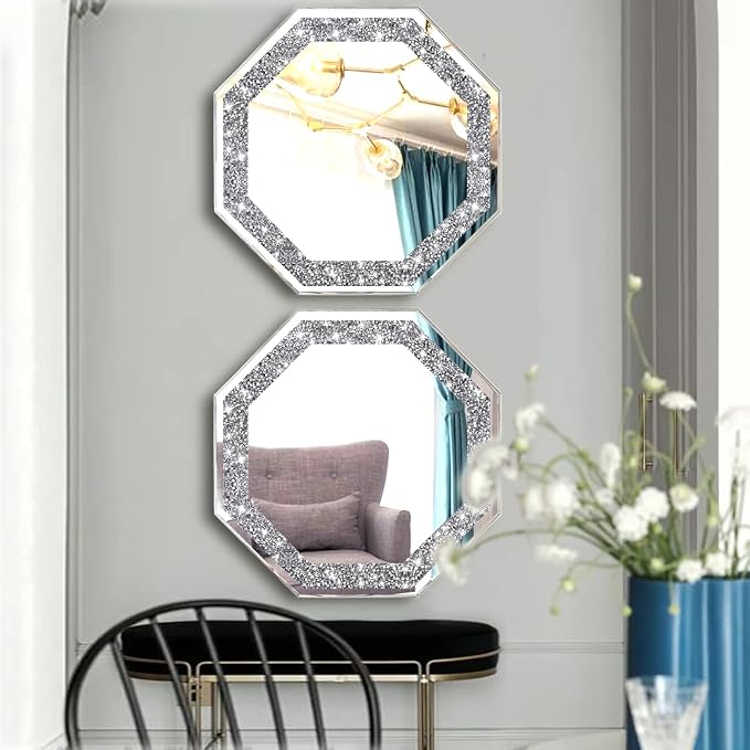 2 Piece Wall Mirrors Octagon, Crush Diamond Mirrors Wall Decor, Silver Decorative Mirrors for Living Room Decor, Bedroom, Bathroom. (12”x12”) - Image 3