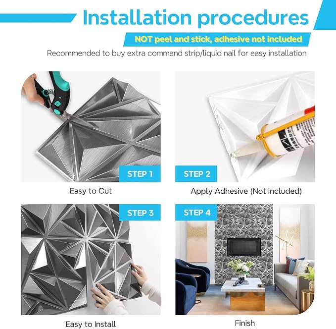 STICKGOO Diamond 3D Wall Panels, Brushed Silver 12''x12'', 33 Pack | Accent Wall Panels for Interior Wall Decor, Living Room, Bedroom, TV Background, Office, Cover 32 Sq.Ft - Image 6