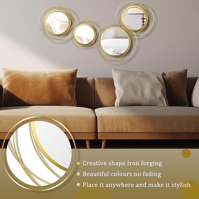 Hicarer 4 Pcs Decorative Wall Mirror Round Modern Circle Mounted Mirror Metal Wall Art Decor for Bedroom Living Room Entryway Dining Room Hallway(Gold) - Image 6
