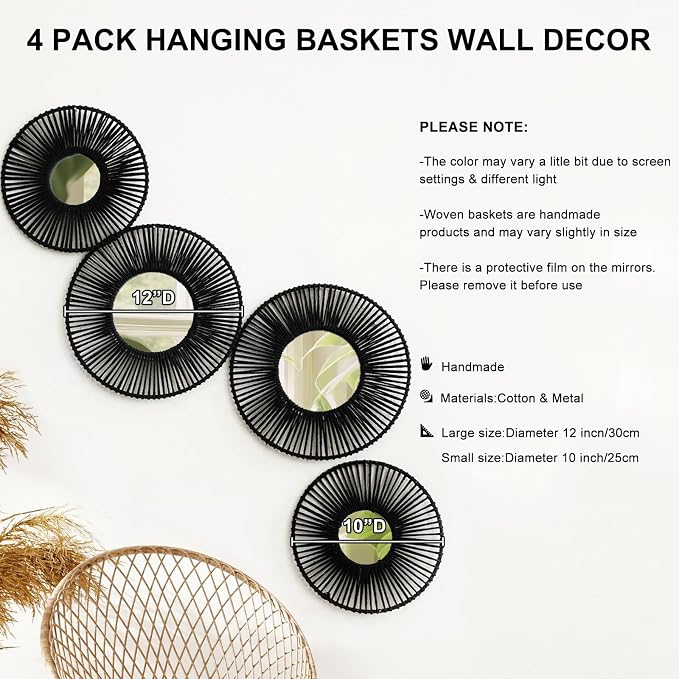 Artilady Baskets Macrame Wall Hanging with Mirror, Black Boho Wall Decor | Woven Wicker Basket, Farmhouse Rustic Jute, Bedroom Living Room Nursery Home Decor - Image 2