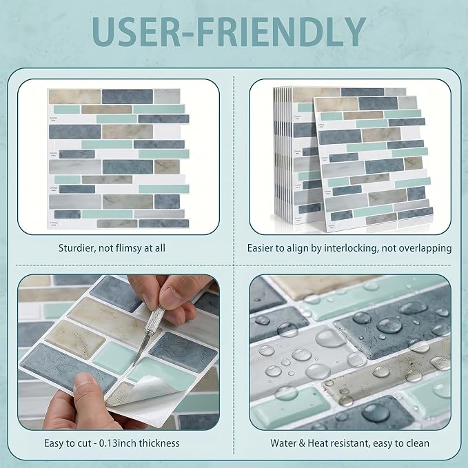 Arttown Peel and Stick 3D Wall Backsplash, 10-Sheet, 12" × 12" Blue Gray | Subway Tiles Self Adhesive Thicker Design Wall Tile Panel Wallpaper for Kitchen Bathroom Balcony - Image 6