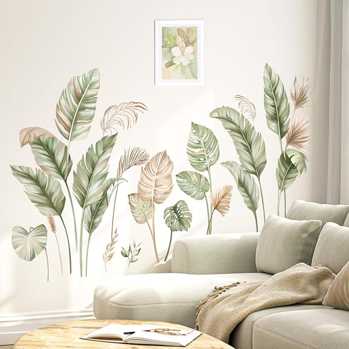 wondever Boho Palm Leaves Wall Decals Tropical Green Plants Wall Stickers | Peel and Stick, Removable, Wall Art Decals, Wall Decoration, Living Room Bedroom, Office Sofa TV Home Wall Decor by wondever