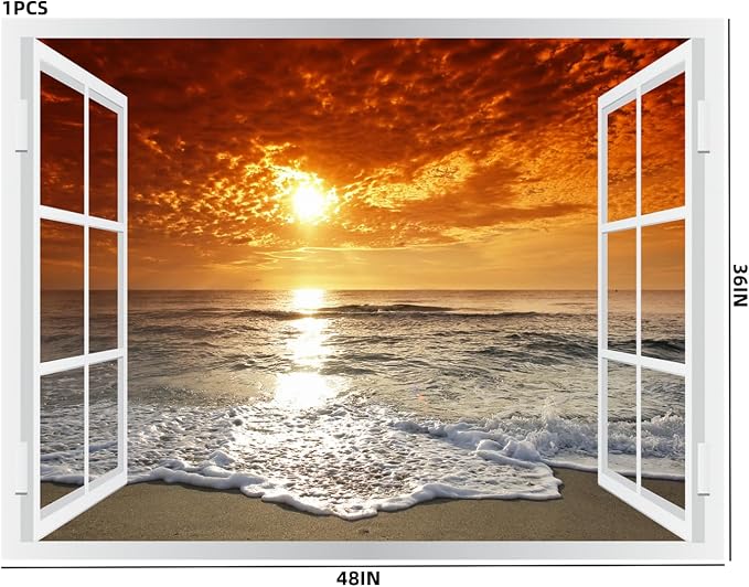 Self-Adhesive Wall Sticker Romantic Living Room Bedroom Study Office Decorative Wall Sticker Ocean Scenery Fake Window Sticker Mural (36"×48", Sunset Beach) - Image 6