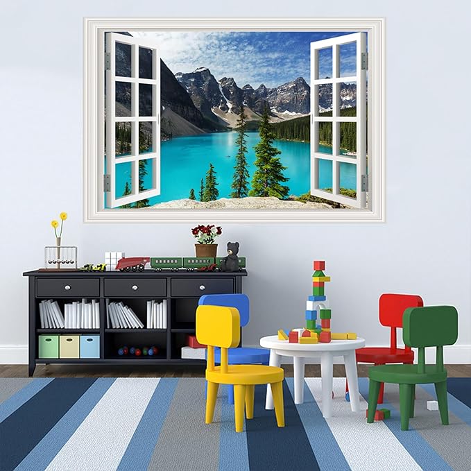 Fake Window Wall Decal- Summer Mountains Lake View Open Sticker Decorations | Faux Window Natural Landscape Art Mural｜Stick and Peel Wall Decals｜for Room Bedroom Office Scene Decor｜24"x16" - Image 5