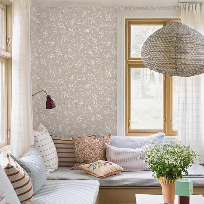 Ismoon Floral Wallpaper Peel and Stick Brown Neutral Contact Paper Wildflowers Leaf Stick on Wall Paper Textured Removable Self Adhesive Vinyl Wallpaper for Bedroom Bahtroom Wall Decor 17.3x78.7in - Image 3