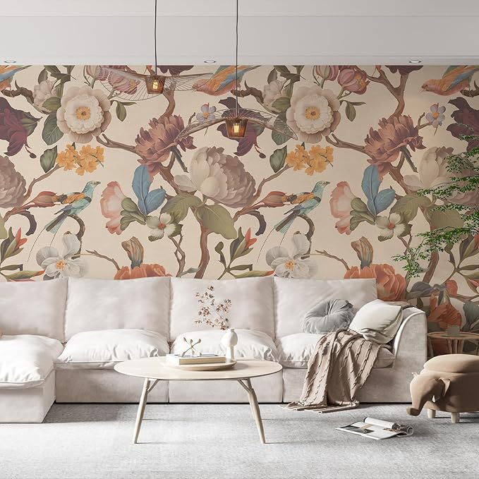 Zeeko Vintage Beige Floral Peel and Stick Wallpaper Mural, 98" x 59" | Large Flower Art Deco Wall Murals, Ideal for Bedroom TV Background Wall Paintings, Home Decor - Image 2