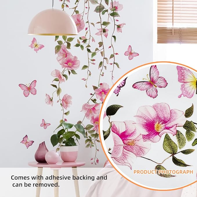 Spring Pink Flower Wall Decals Peel and Stick Hanging Vine Floral Wall Stickers Decor Removable Wall Murals for Girls Bedroom Living Room Nursery Vinyl Cherry Blossom Wallpaper - Image 4