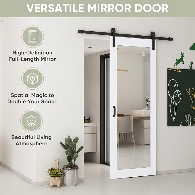 JUBEST 32x84 in Mirror Barn Door and 5.5FT Sliding Door Hardware Kit Included, White Full Length Mirror, Solid Wood Panel Covered with Water-Proof PVC Surface, No Assembly Required - Image 6
